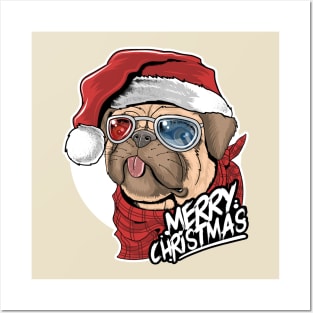 Pug dog with santa claus hat, merry christmas Posters and Art